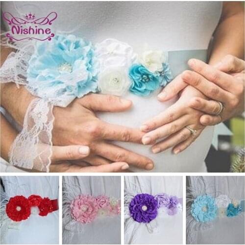 Nishine Shining Rhinestone Peony Flower Sash Women Hand Sewn Beads Floral Waistband Maternity Pregnancy Belly Belt 7 Colors