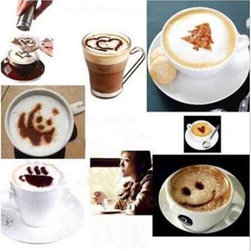 Pro 16Pcs Mold Coffee Milk Cappuccino Cake Cupcake Stencil Template Coffee Barista Template Strew Pad Duster Spray Tools