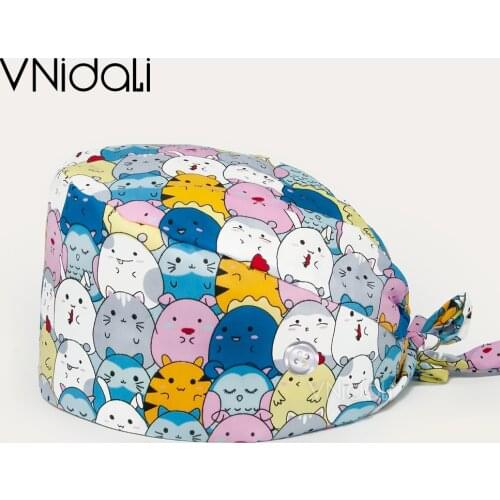 With button Multicolor Printing Dentist Surgery Cap Cotton Nurse Adjustable Gourd Cap Unisex Pharmacy Beauty Salon Chef Work Cap