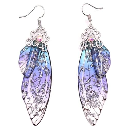 Handmade Fairy Simulation Wing Earrings Insect Butterfly Wing Drop Earrings Foil Rhinestone Earrings Romantic Bridal Jewelry