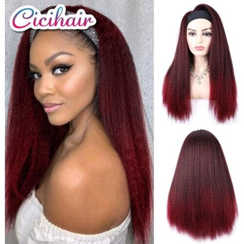 Synthetic Headband Wig Highlight Wig For Women Headband Wig Yaki Straight Hair Extensions Ombre Brown black Color Daily Use 24"