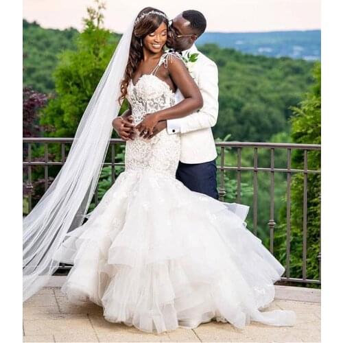 2020 Mermaid Wedding Dresses Spaghetti Straps Cascading Ruffles Sweep Train Bridal Gowns Plus Size South African Wedding Dresses