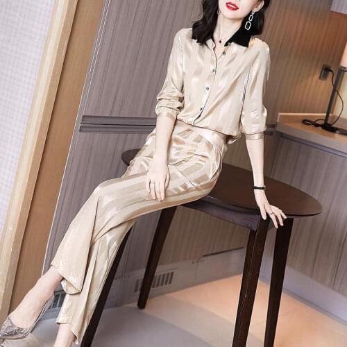 In 2021 Hepburns Light Mature Fashion Chiffon Shirt Wide Leg Pants Two-Piece Suit For Set Women Beach Vacation Outfits Joskaa