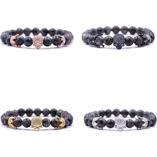 Vintage Mens Charm Skull Crown Labradorite Stone Beads Bracelet Handmade Natural Stone Skull Beaded Strand Bracelets Jewelry