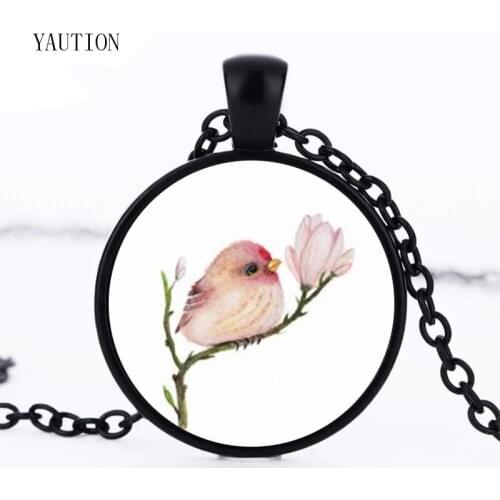 Vintage Baby Bird and Flowers Necklace Animal Jewelry Glass Cabochon Photo Pendant Chain Statement Necklace for Women Girls