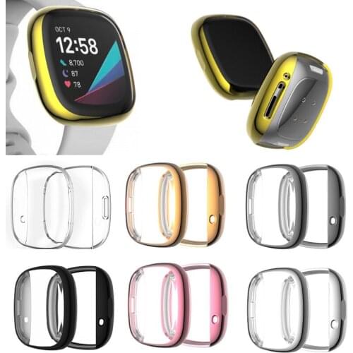 TPU Soft Edge Full Glass Screen Protector Case Shell Frame For Fitbit Versa 3/Sense Smart Watch Versa3 Protective Bumper Cover