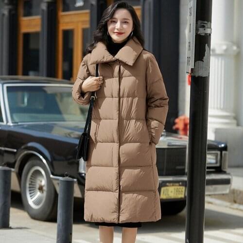 Womens White Duck Down Long Jacket Elegant OL Ladies Snow Parkas Coffee Bread Coat Femal Classical Thin Zipped Red Outerwear