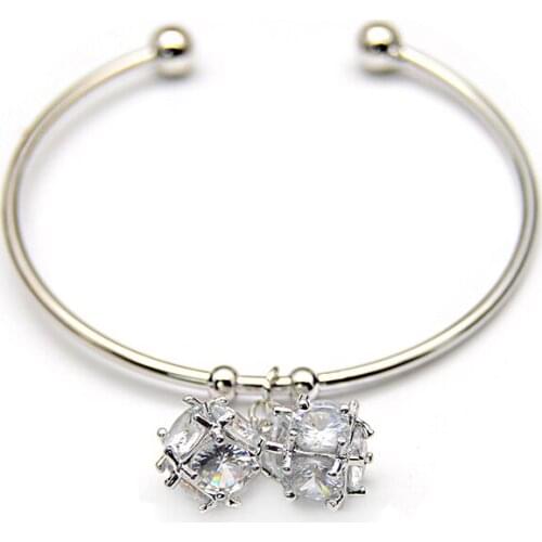 Women Luxury Zircon Ball Pendant Bangles Fine Silver Color Opening Cuff Bracelet For Woman Party Wedding Jewelry Pulseiras