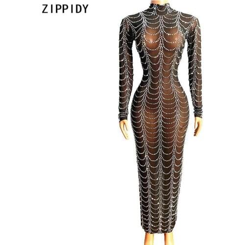 Black Mesh Bright Silver Stones Dress Women Evening Birthday Celebrate Costume Singer Show Outfit Dance Long Dress