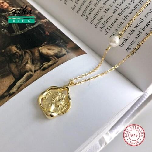 Ancient Roman Vintage Carved Coin Necklace Goldd Women 925 Sterling Silver Cute Necklace for Girl Teens Chunky Statement Jewelry
