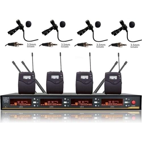4 Channel UHF Wireless Lapel Microphone System Diversity Cordless mic Mike Set Stage Vocal microphone For church Theater