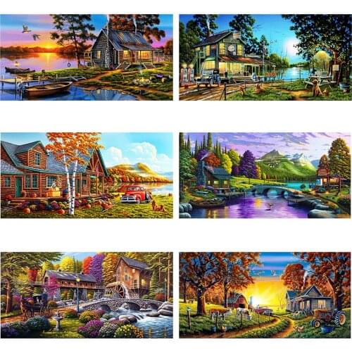 Diy 5d Full Diamond Painting Scenery Embroidery Square Round Drill Sunset Village Lakeside Mosaic Furniture Cross Stitch Hobby