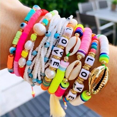Go2Boho Evil Eye Bracelets Love Letter Bracelet For Women Boho Shell Pulsera Girl Jewelry Heishi Pearl Jewellery Wholesale Price