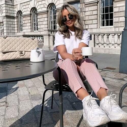 Foridol checkered high waist pants bottoms fashion streetwear plaid pink pants women pantalon 2020 chic hippie pencil pants