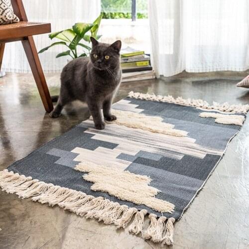 Retro Morocco Tufted Shag Area Rugs Tassels Cotton Geometry Plaid Throw Rug Hand Woven Kitchen Carpet Door Mat,Machine Washable