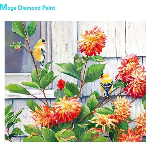 Chrysanthemum European Siskin Diamond Painting Floral Round Full Drill Flowers Birds DIY Mosaic Embroidery 5D Cross Stitch