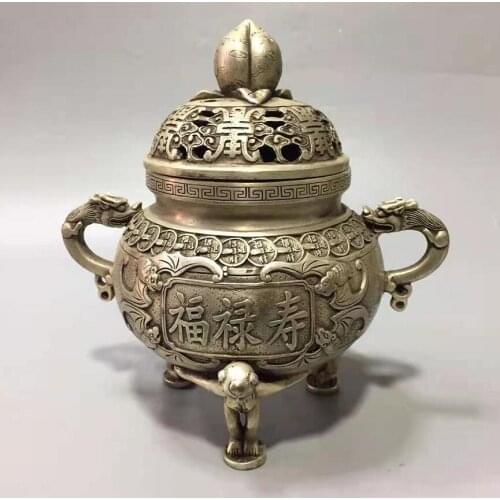 Chinese White copper Fu lu shou incense furnace crafts statue