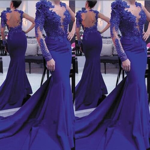 SuperKimJo Royal Blue Evening Dresses Long Sleeve Mermaid Lace Applique Beaded Sheer Back Sexy Formal Dresses Abendkleider