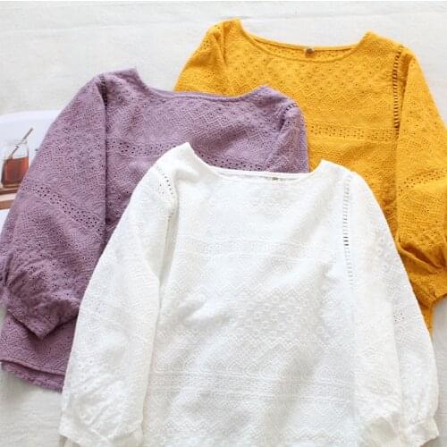 Lamtrip Unique Lantern Sleeve Hollow Out Embroidery Cotton Tee T-Shirt Women 2021 Summer