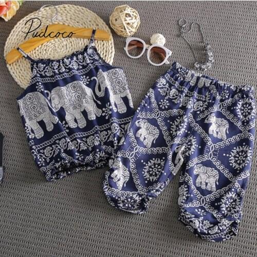 2019 Baby Summer Clothing 2Pcs Set Toddler Baby Girl Elephant Outfits Tops Vest+Pants Loose Folk-custom Style Clothes