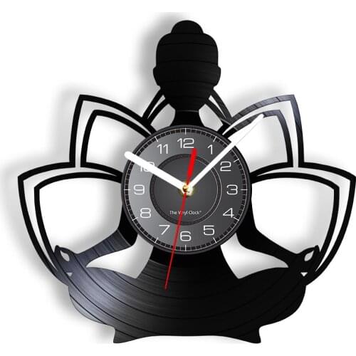 Yoga Wall Clock Made Of Laser Cut Vinyl Record Carved Lotus Cross-legged Meditation Luminous Wall Watch Interior Hanging Decor