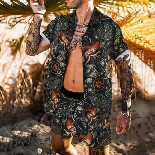 Beach Outfit Digital Print Short Sleeve Men Lapel Buttons Shirt Shorts Set Mens Shirt Set Two-piece Summer Hawaiian Streetwear
