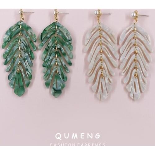 QUMENG 2021 Latest Boho Design Acetate Acid Acrylic Tree Leaf Long Chain Earrings For Women Statement Best Selling Jewelry