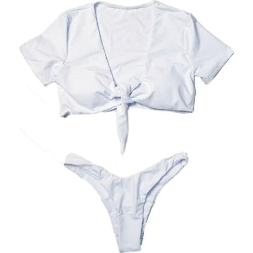 VSUE Sexy Swimwear Set Two Piece Swimsuit Women Solid Female Swimming Suit White Short Sleeve Beachwear Bathing Suit Y0047