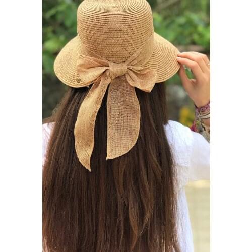2021 Summer Women Big Bow Sun Camel Color Bow Hat Style Vintage Design Wide Side Straw Hat Solid Color Anti-UV Holiday Beach Hat