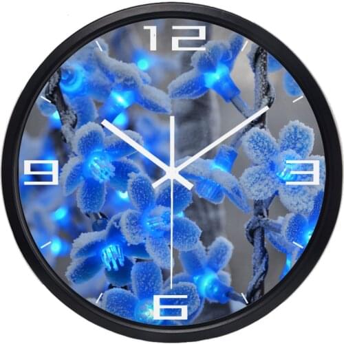Plum Flower Blue Electronic Light Photo Wall Clock Hot Fashion Silent Large Living Room Wall Clock Home Decor