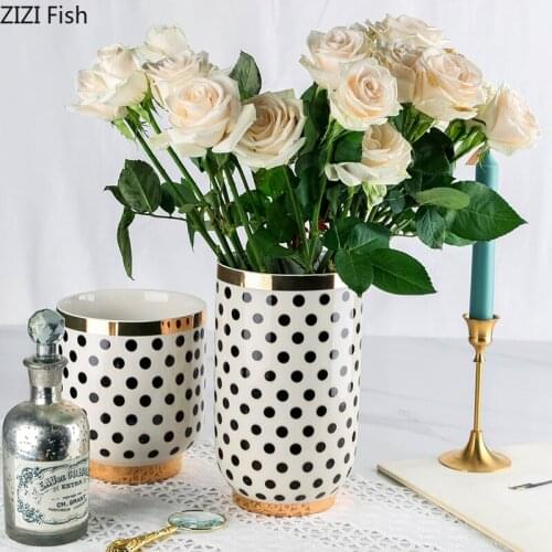 Modern Ceramic Wave Dot Vase Flower Arrangement Container Gilded Border Hydroponic Flower Vase Living Room Countertop Decoration