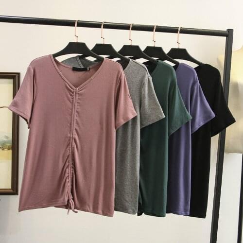 Girls Summer Thin V-neck Drawstring Short Sleeve T-shirt Ladies Tee Shirt Women Pleated Tshirt Female Loose Tops Tees Plus Size