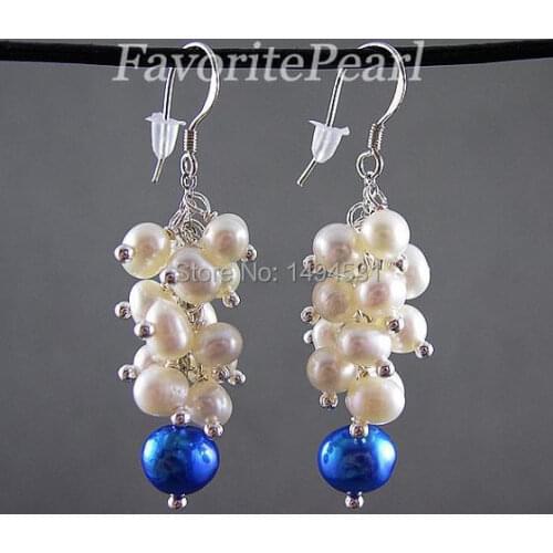 Wholesale Pearl Jewelry - 4.5-9MM White Blue Color Natural Freshwater Pearl Dangle Earrings Handmade Jewelry Free Shipping