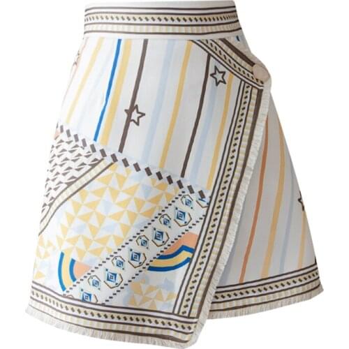 PERHAPS U Beige Abstract Print Women High Waist A-line Casual Asymmetrical Skirts Zipper Short S0249