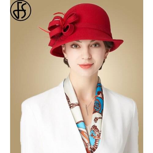 FS Wide Brim Wool Fedora Hats For Women Black Felt Autumn Winter Cloche Church Hats Elegant Flower Feather Fedoras Bowler Caps