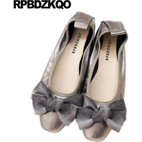 Square Toe Metallic Large Size Navy Blue Women Foldable Ballet Flats Silver Red Wine 11 Roll Up Cute Shoes Bow 10 Ballerina Grey