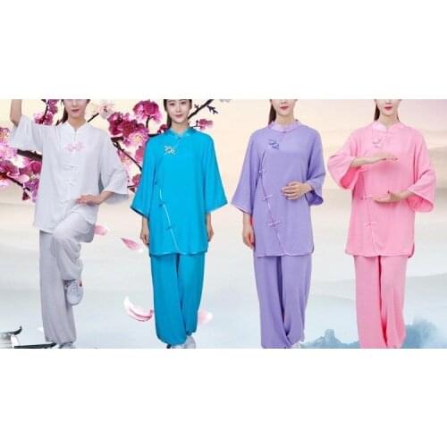 Women summer short sleeve cotton&linen kung fu suit martial arts uniforms wushu tai chi clothing pink/white/blue