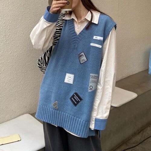 3Colors 2021 Spring Autumn preppy Style Knitted Patchwork Sleeveless Vest Sweaters womens pullovers Female Knitted Sweaters