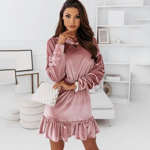 Women Hooded Velvet Pullover Dress Autumn Fashion Solid Long Sleeve Ruffle Elastic Waist Winter Casual Party Ladies Mini Dresses
