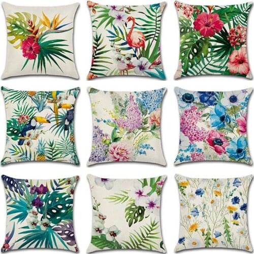 2pcs Tropical Plants Decorative Pillowcases Hibiscus flower Flamingo Cotton Linen Pillow Case Flowers Pillow Cover