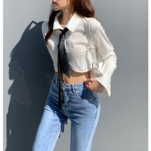 JMPRS White Women Shirt Fashion High Waist Tie Sexy Crop Tops Autumn Long Sleeve Korean Streetwear Lady Cotton Button Up Shirts