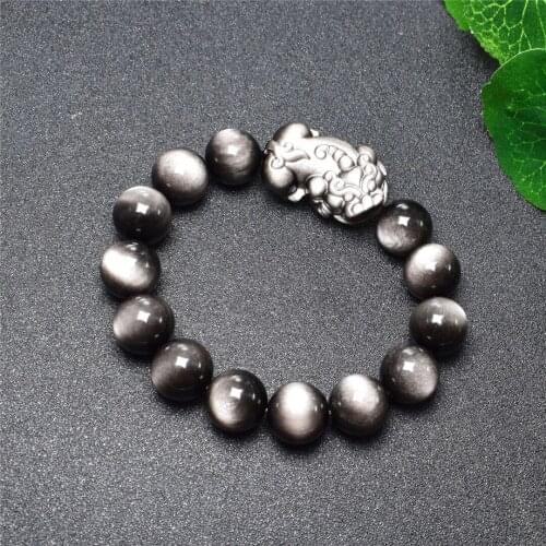 Natural Silver Obsidian Pixiu/piyao Bracelet Jewelry For Women Man Crystal Round Beads Stretch 8mm 10mm 12mm 14mm 16mm 18mm