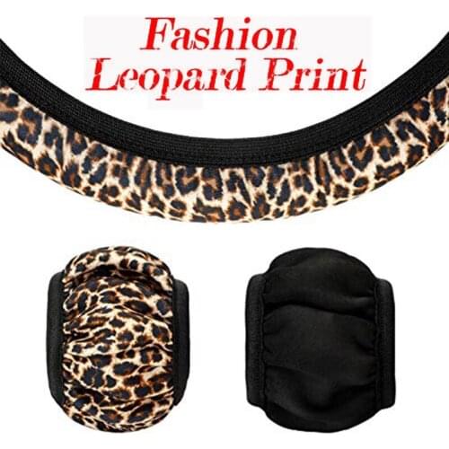 Classic Leopard Printed Car Steering Wheel Cover 14-16inch Diameter Fit for Most Cars Cup Mat Keychain Set