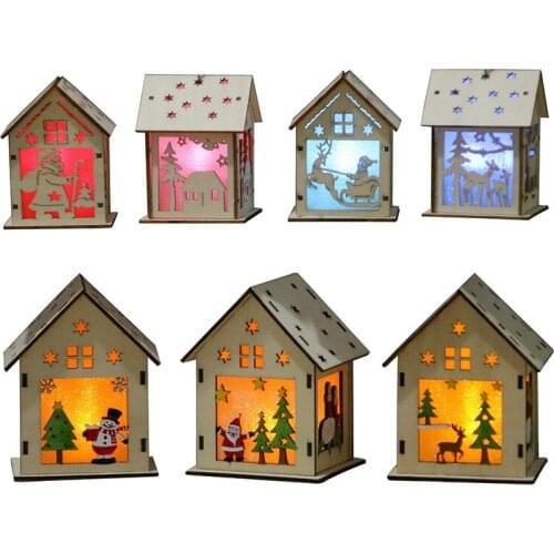 DIY Wood Dollhouse Holiday LED Lights Wood House Christmas Tree Hanging Ornaments Holiday Wedding Decoration Gifts