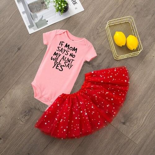 If Mom Says No My Aunt Will Say Yes 2pcsClothing Set Funny Short Sleeve Rompers Tutu Skirt Fashion Infant Girls Sets