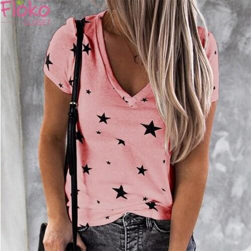 Flokocloset Summer V-Neck Star Print Short Sleeve Tshirts Causal Women Harajuku Tops Tee Streetwear