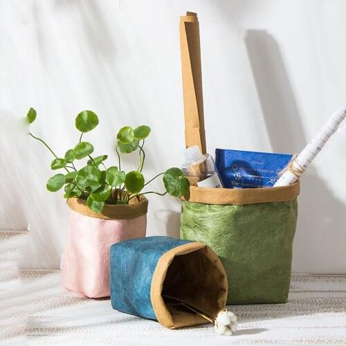 Ins Trendy Pink Washable Kraft Paper Storage Bag Blue Desktop Flower Plant Pot Tote Kitchen Bread Fruit Foldable Storage Pouch