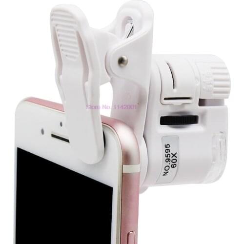 100 Universal Clip Microscope 60X LED Jewelry Magnifying Glass Focusing Adjusted Pocket Microscope with Cell Phone Clip UV Light