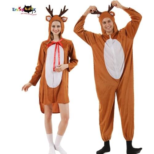 Eraspooky 2020 Cute Christmas Reindeer Costume For Adult New Year Party Animal Jumpsuit Men Women Couple Xmas Fancy Dress