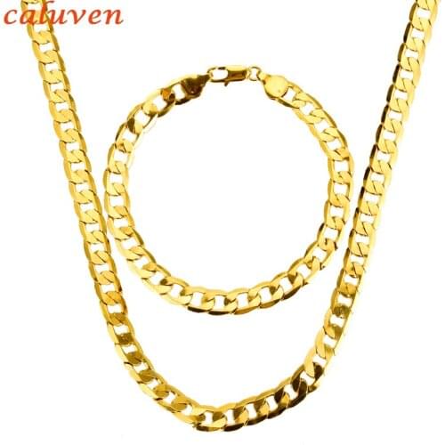 Men Chain Jewelry Set Wholesale Black Gun /Gold Color Cuban Link Chain Necklace Bracelet Jewelry Set